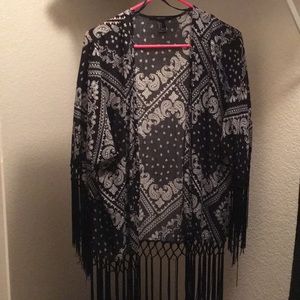 Black and white fringe kimono
